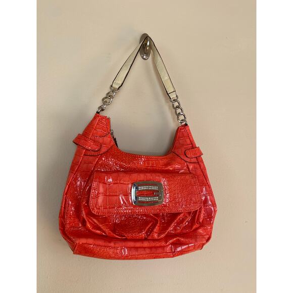 Guess Faux Croc Embossed Y2K Vintage Rhinestone Big G Faux Leather Shoulder Bag - Picture 1 of 8